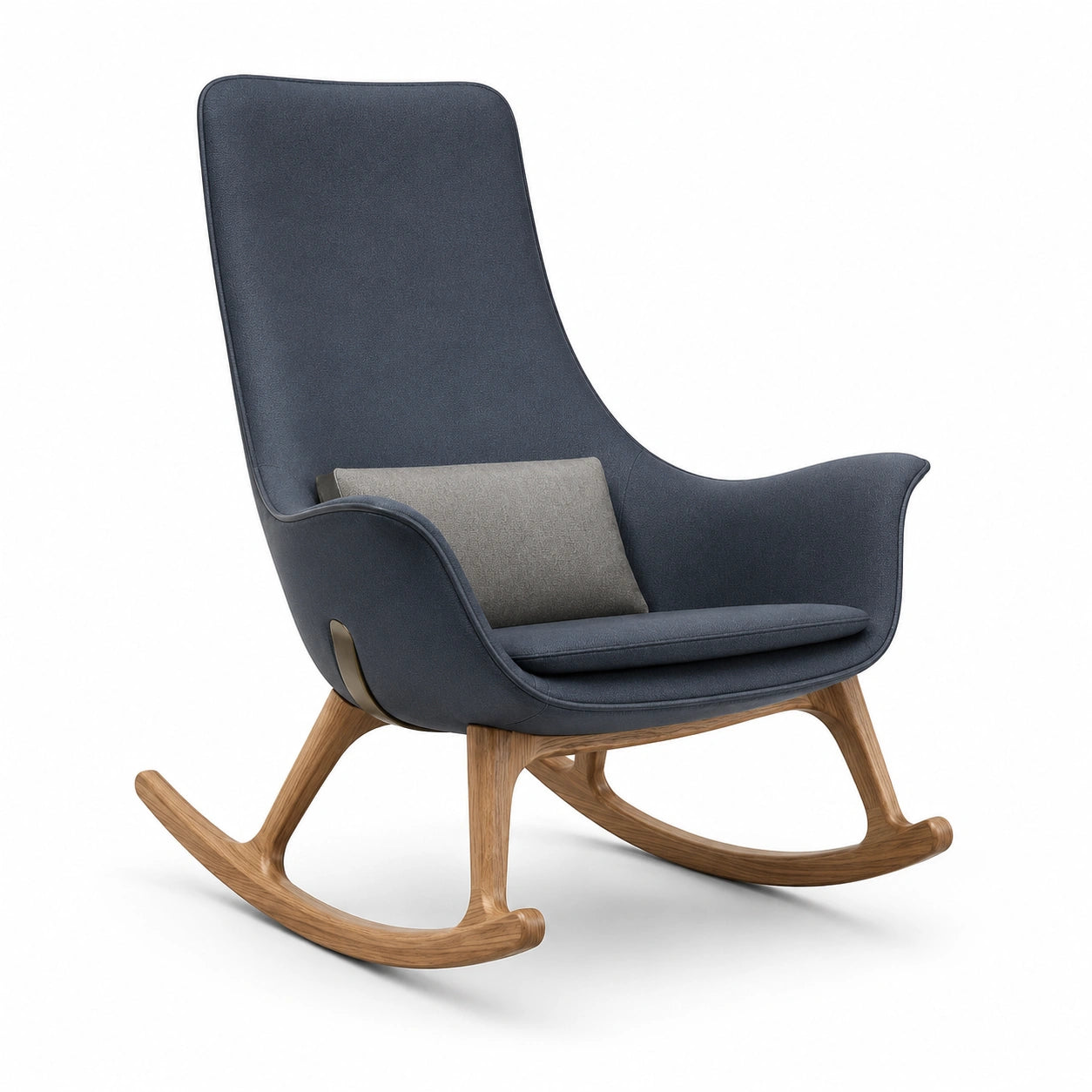 Sillón mecedor de madera de roble y poliéster azul