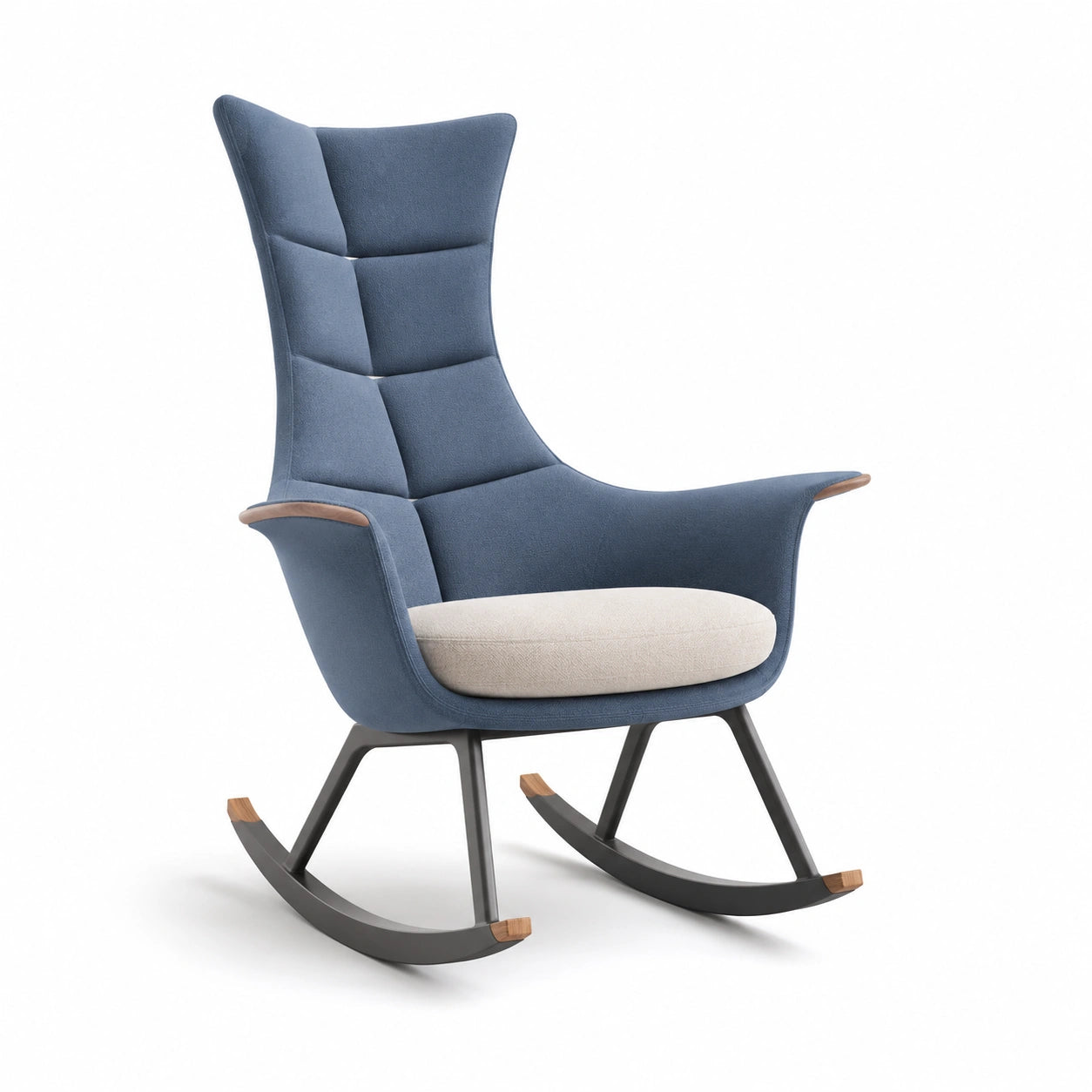 Mecedora de Tela Azul con Asiento Beige y Patas de Metal