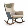 Silla mecedora de cuero sintético beige y gris con base de madera