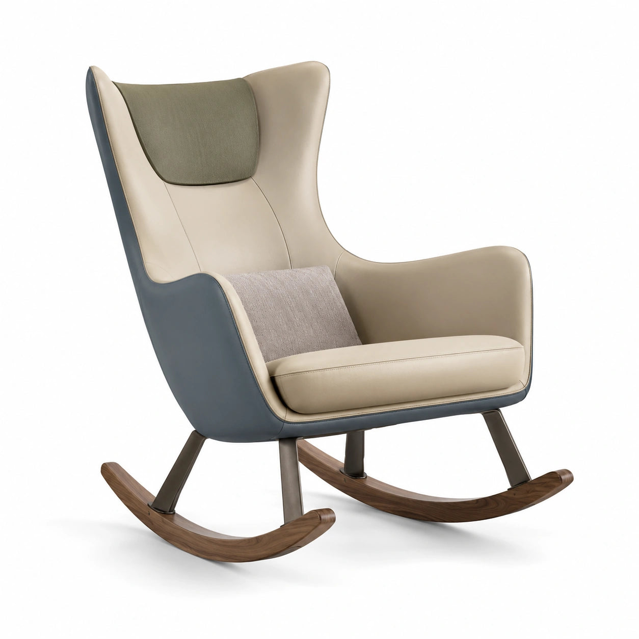 Silla mecedora de cuero sintético beige y gris con base de madera