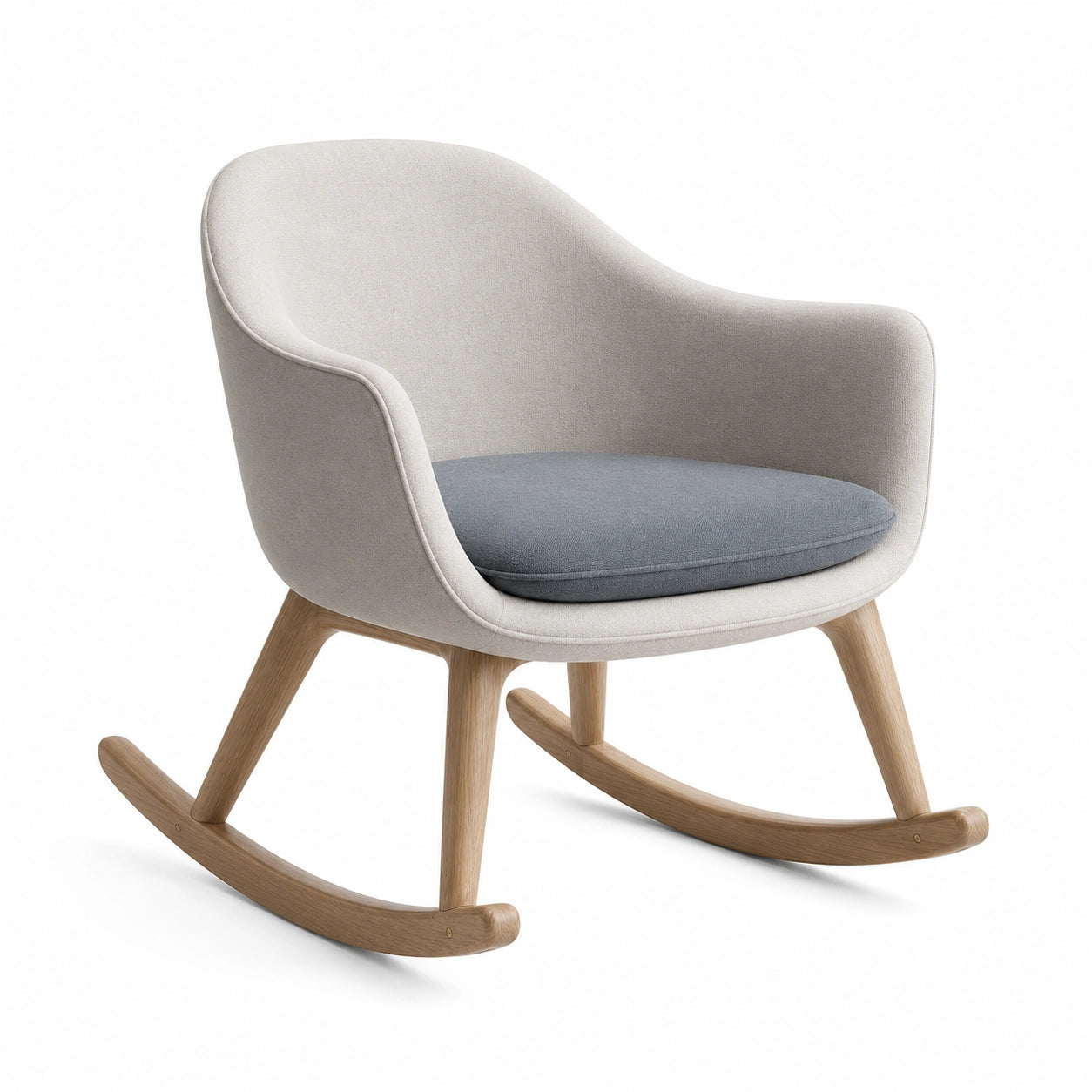 Mecedora de tela beige con cojín gris y base de roble