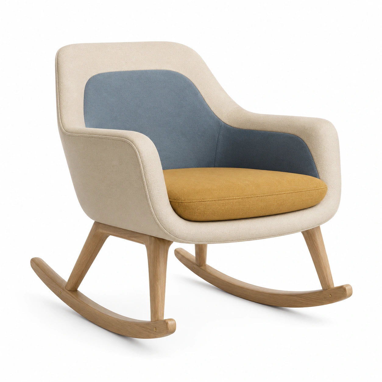 Silla mecedora de tela con estructura de madera de roble