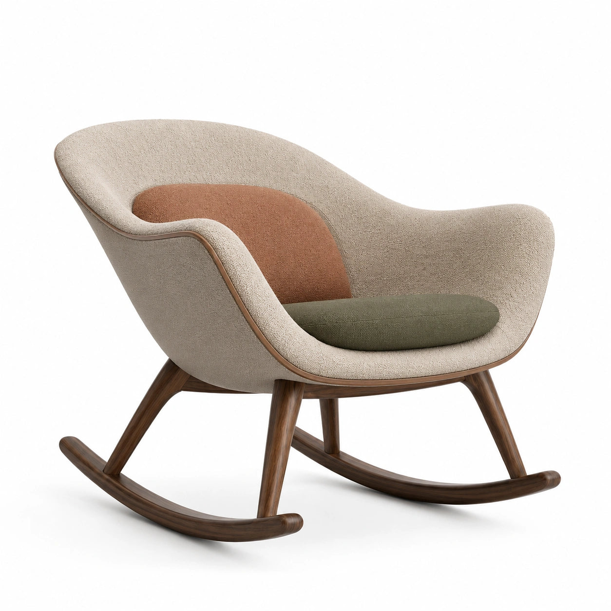 Silla mecedora tela beige/marrón/verde con base de madera