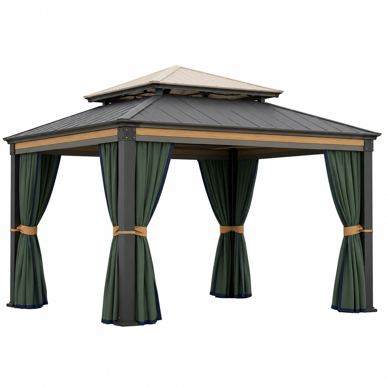 Pérgola de jardín de acero con techo y cortinas de poliéster
