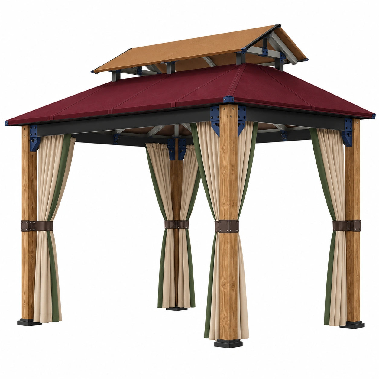 Gazebo de Poliéster Rojo con Estructura de Madera y Acero 3x4m