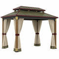 Pérgola de Metal con Techo Verde y Cortinas de Poliéster 3x3 m