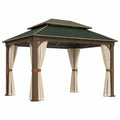 Pérgola de Aluminio con Techo de Poliéster Verde y Cortinas Beige