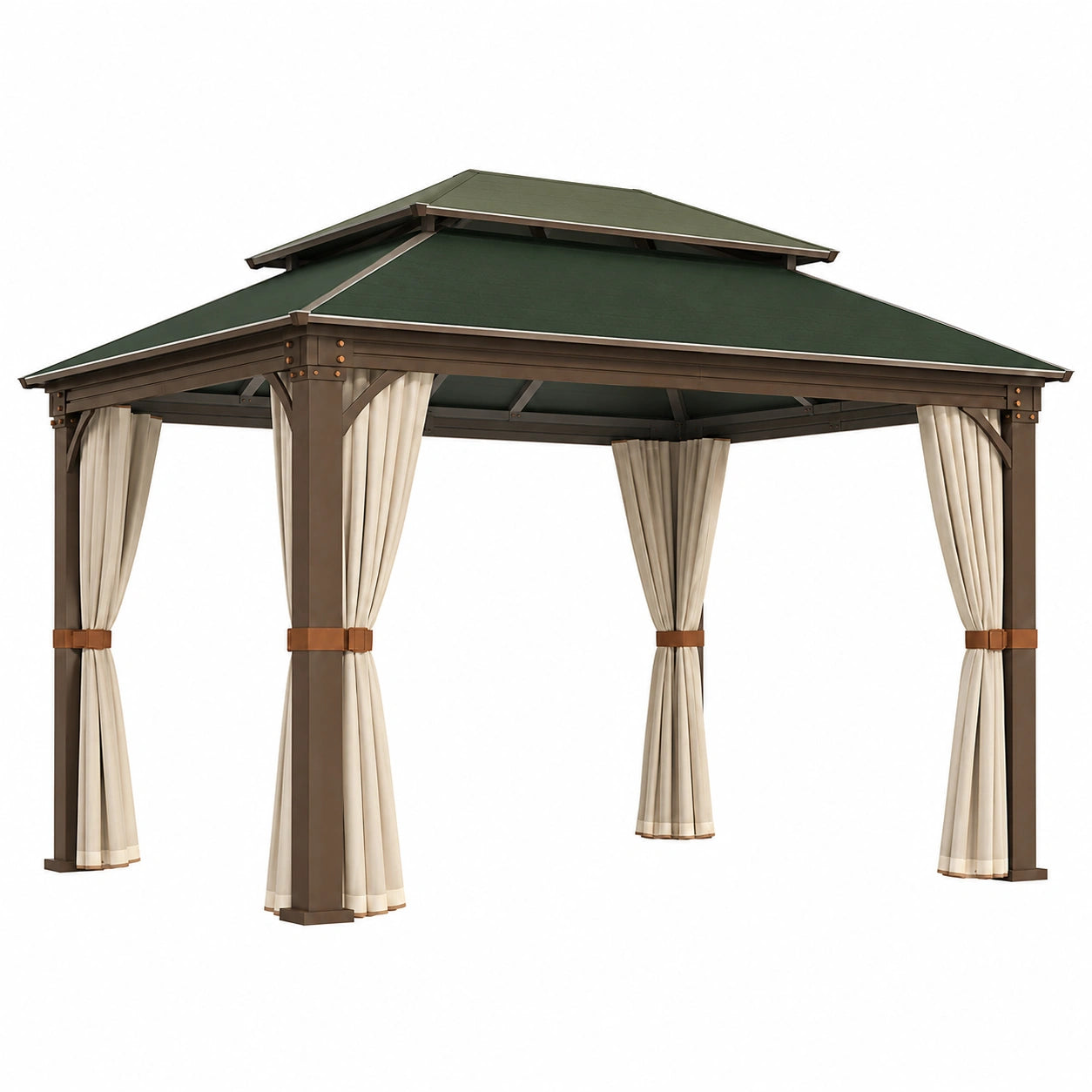 Pérgola de Aluminio con Techo de Poliéster Verde y Cortinas Beige