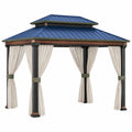Pérgola de Aluminio con Techo de Acero Azul y Cortinas de Poliéster Beige