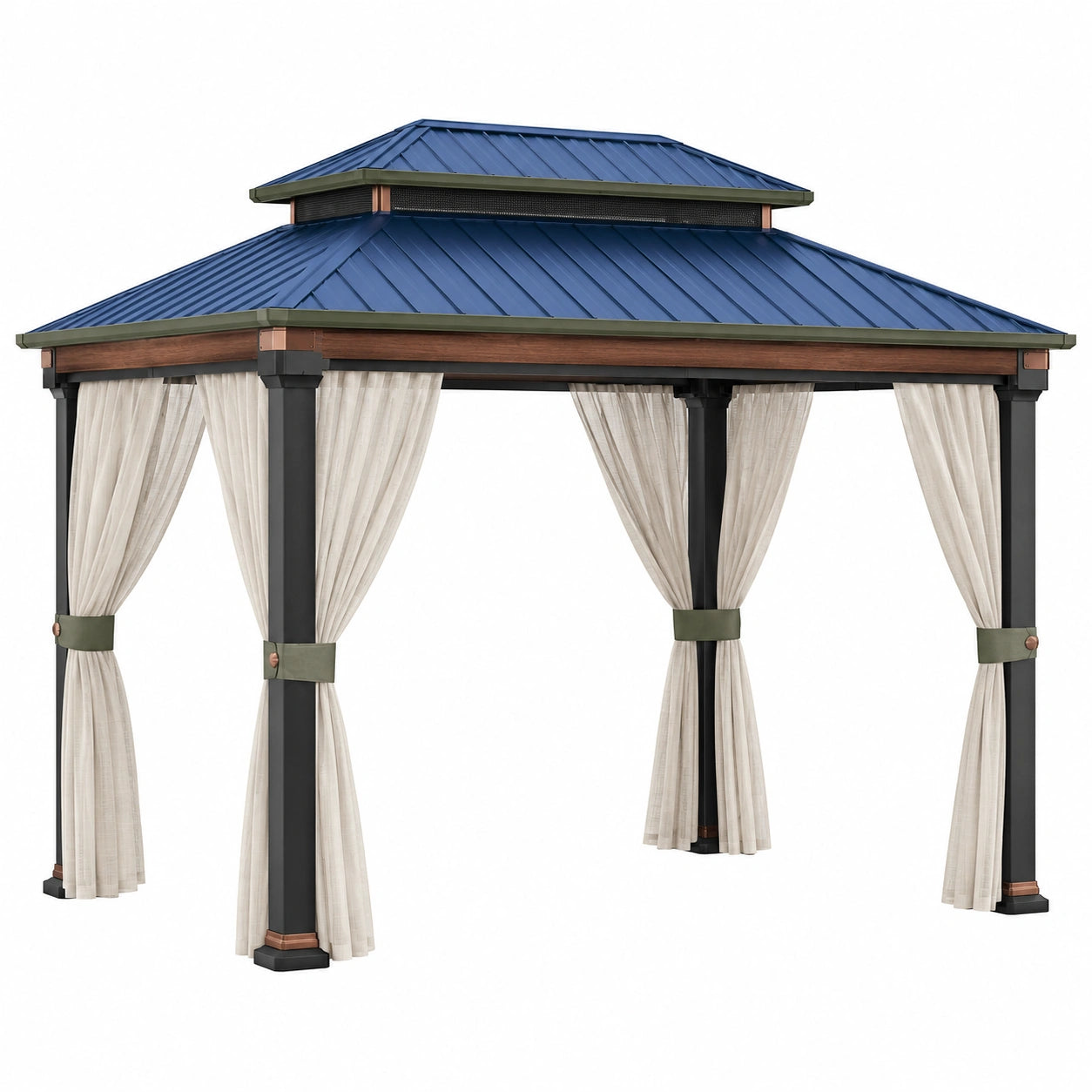 Pérgola de Aluminio con Techo de Acero Azul y Cortinas de Poliéster Beige