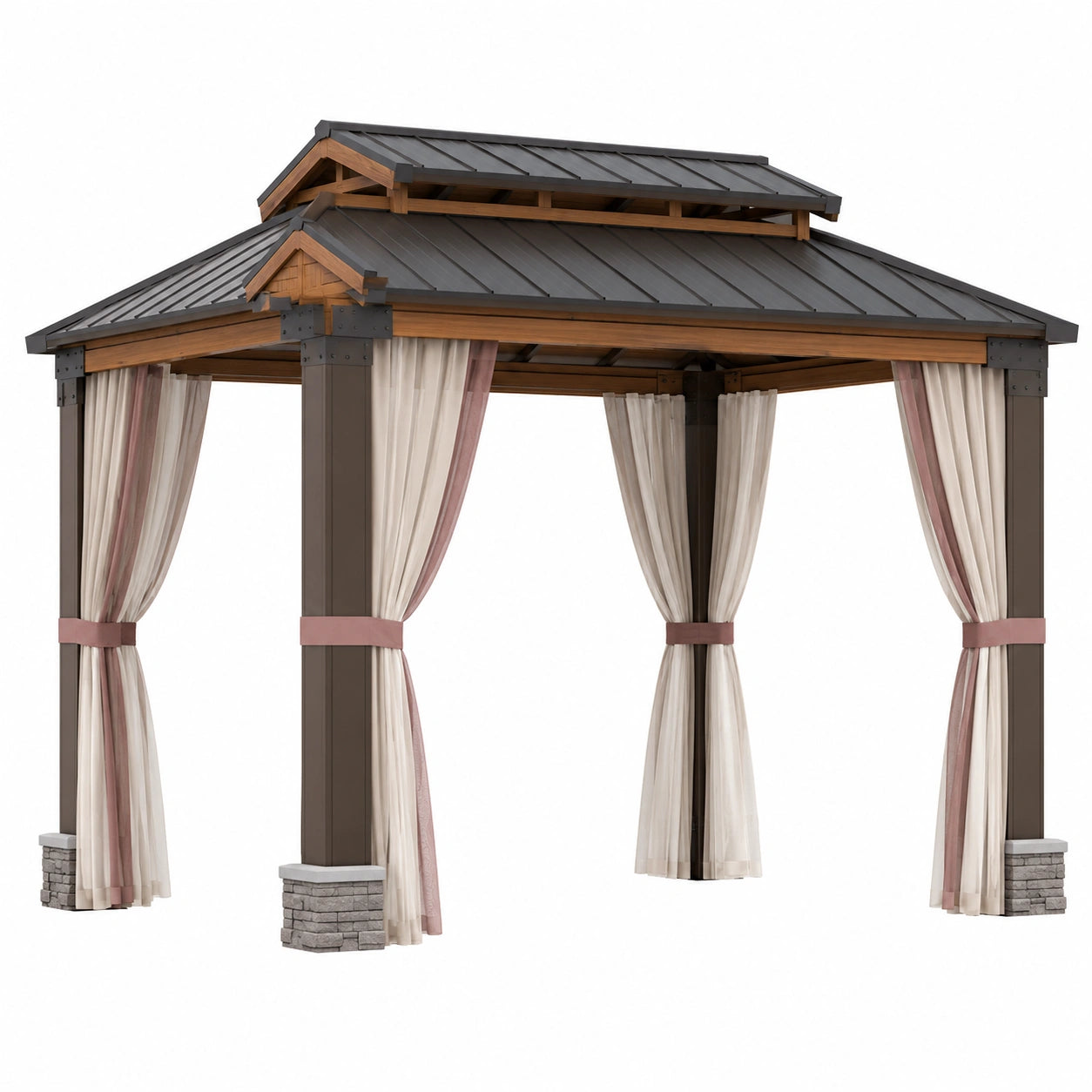Pérgola de Acero y Madera con Cortinas de Poliéster