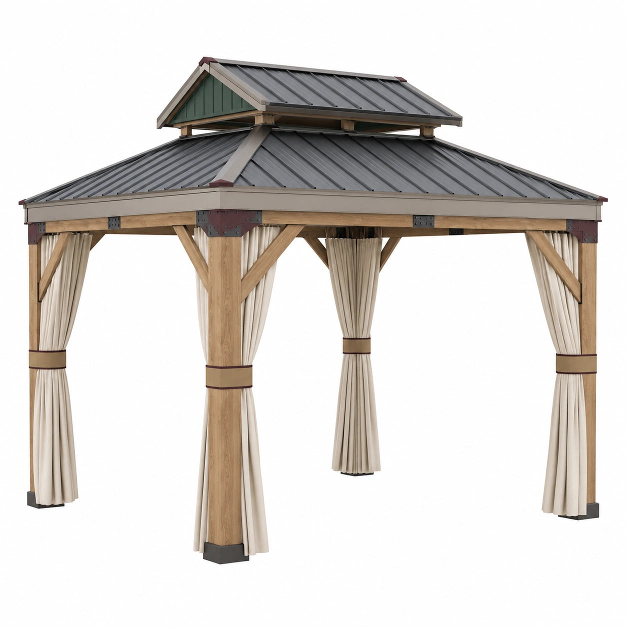 Pérgola de Aluminio y Madera con Cortinas de Poliéster Beige