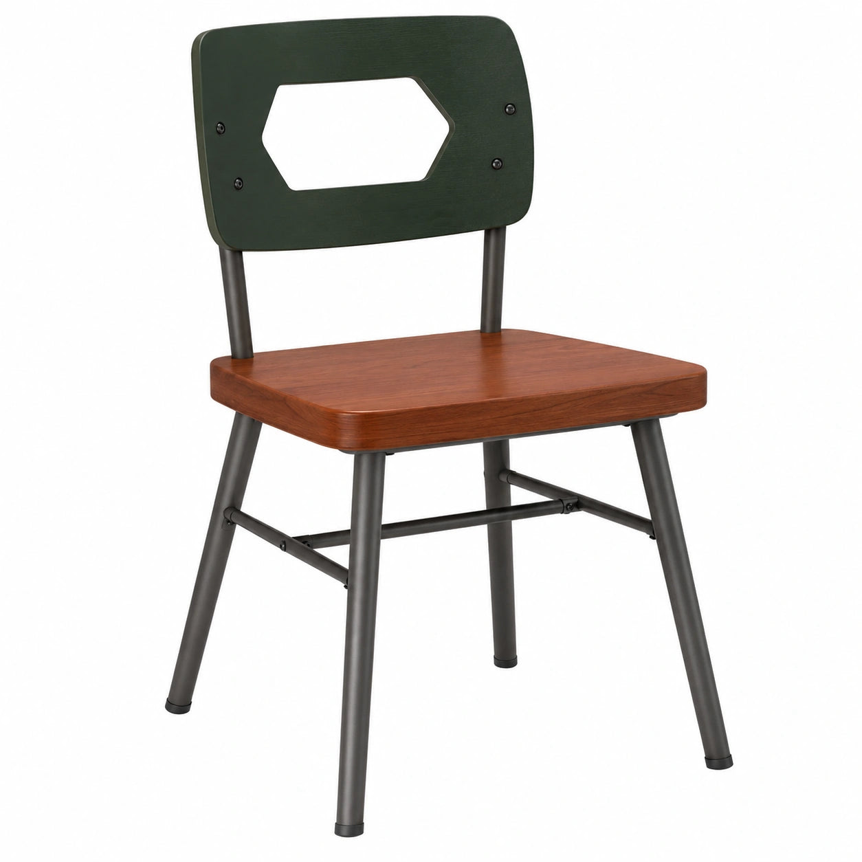 Silla de madera y metal con respaldo verde y asiento marrón