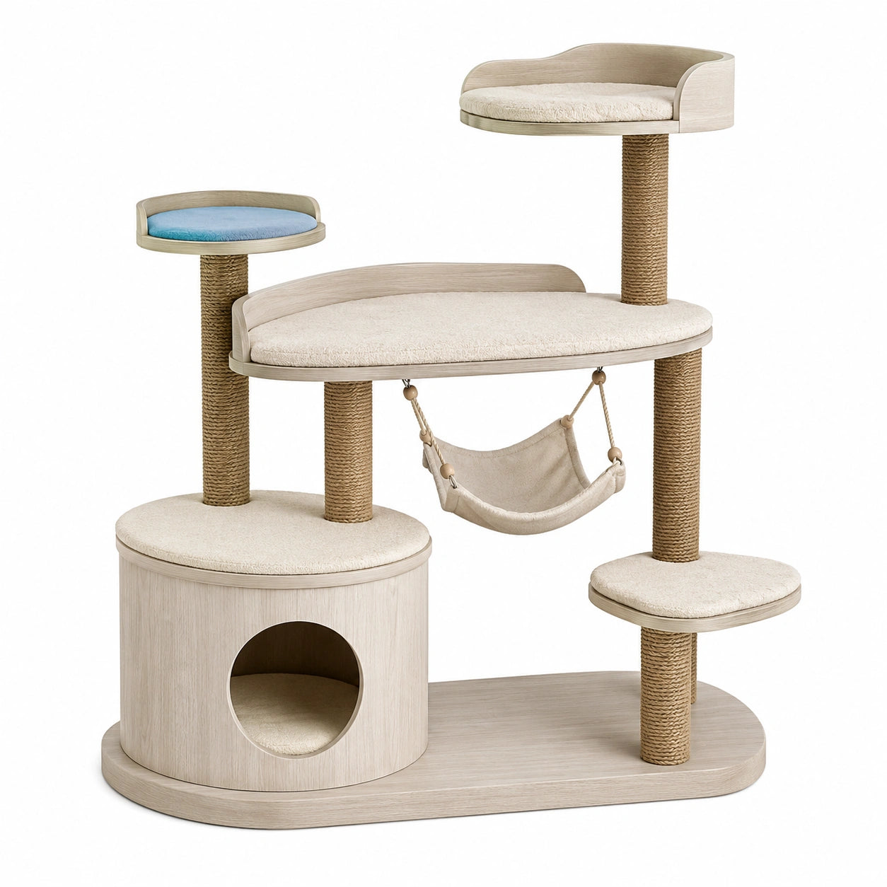 Árbol para gatos de madera con plataformas y cueva beige