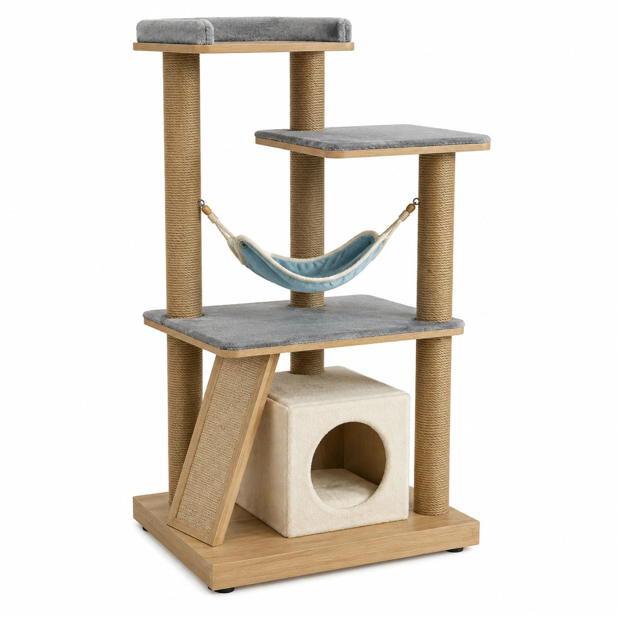 Árbol para Gato de Madera y Sisal con Plataformas y Hamaca Gris y Beige