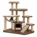 Árbol rascador para gatos de MDF y sisal con plataformas y hamaca, Marrón y Beige