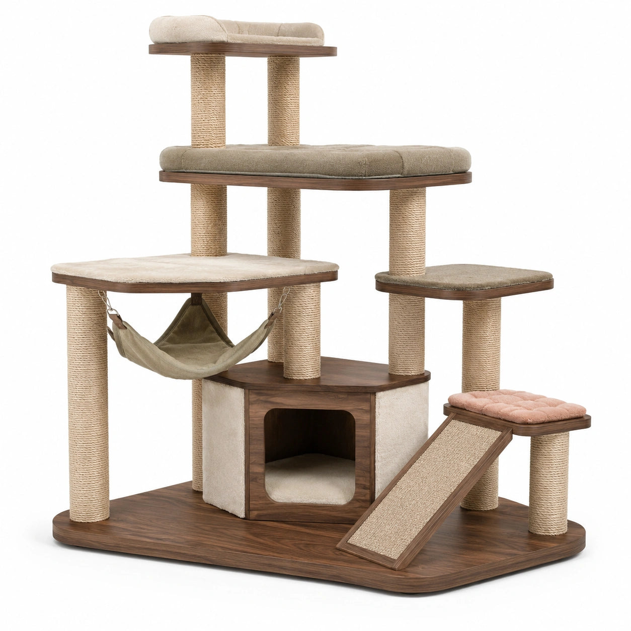 Árbol rascador para gatos de MDF y sisal con plataformas y hamaca, Marrón y Beige