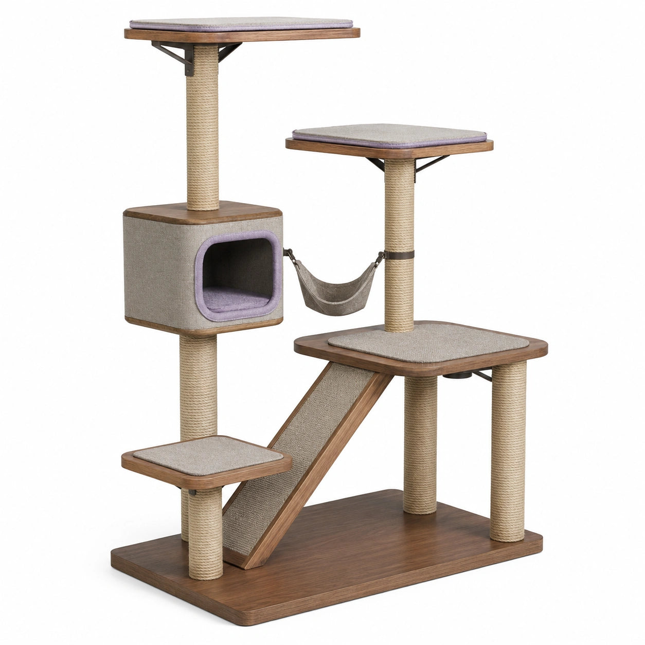 Árbol rascador de madera y yute para gatos con plataformas y cueva 120 cm