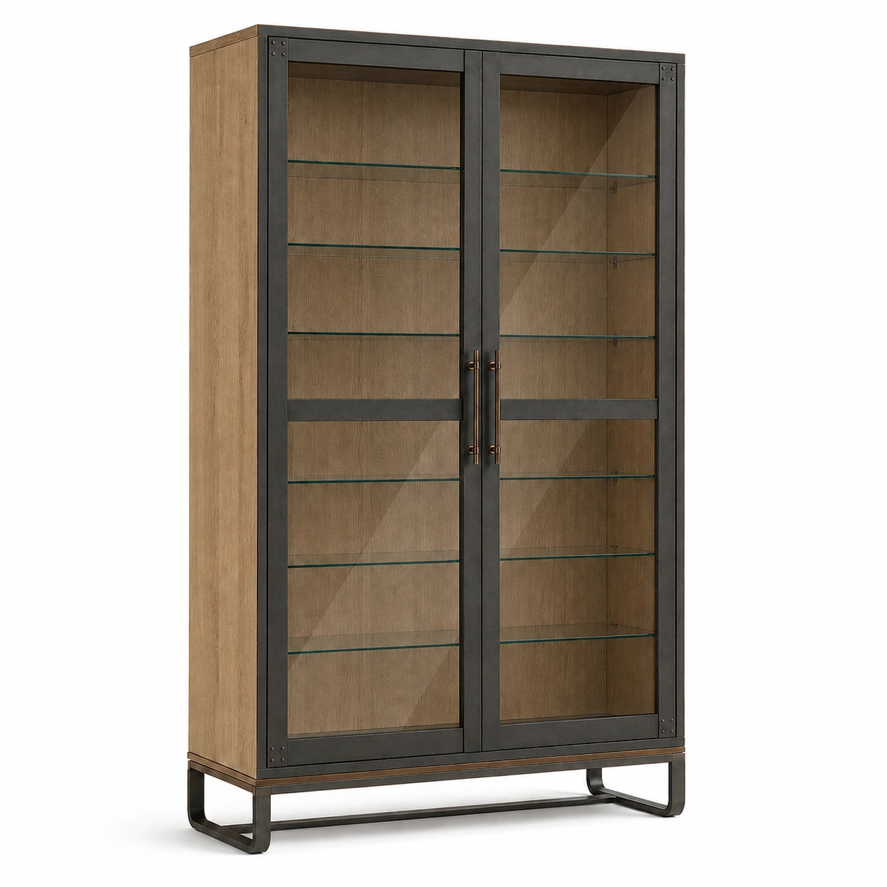 Vitrina de Roble y Metal con Puertas de Vidrio Templado
