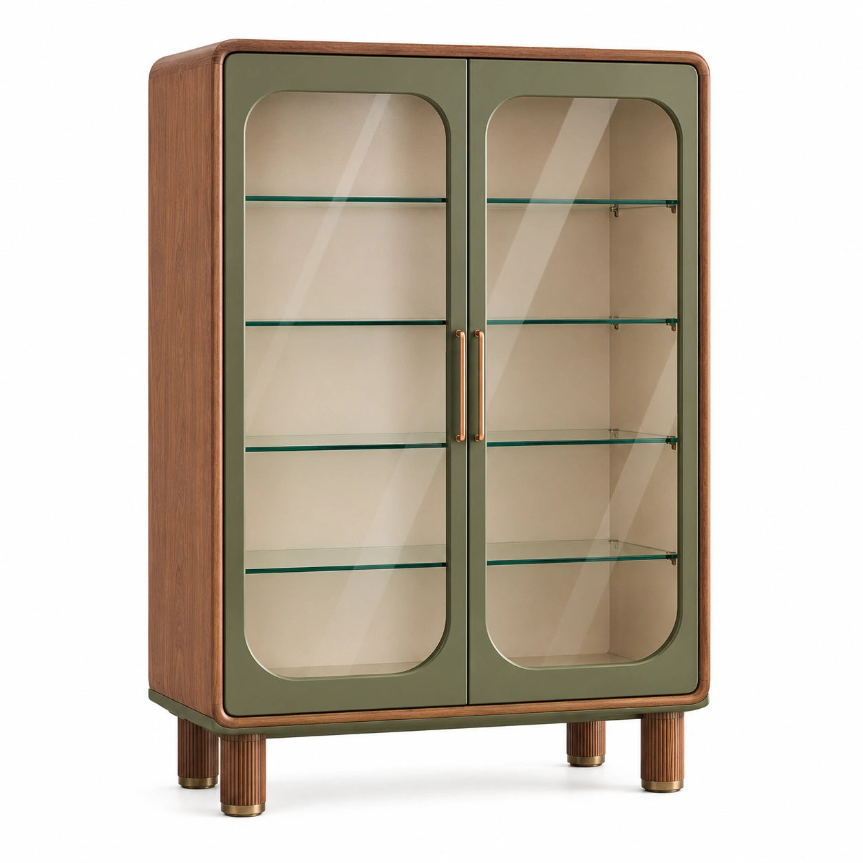 Vitrina de vidrio templado con marco de madera y puertas verdes 150cm