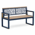 Banco de metal azul y madera de teca con respaldo decorativo, 120x60x80 cm