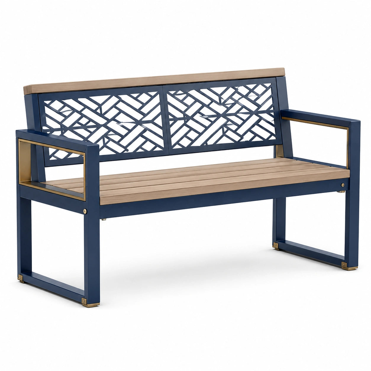 Banco de metal azul y madera de teca con respaldo decorativo, 120x60x80 cm