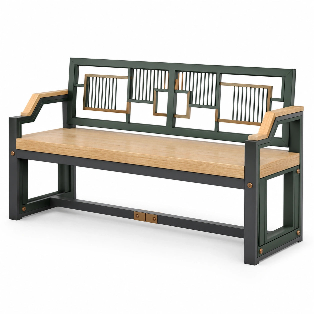 Banco de acero y madera, 120x45x90 cm, verde oscuro y natural