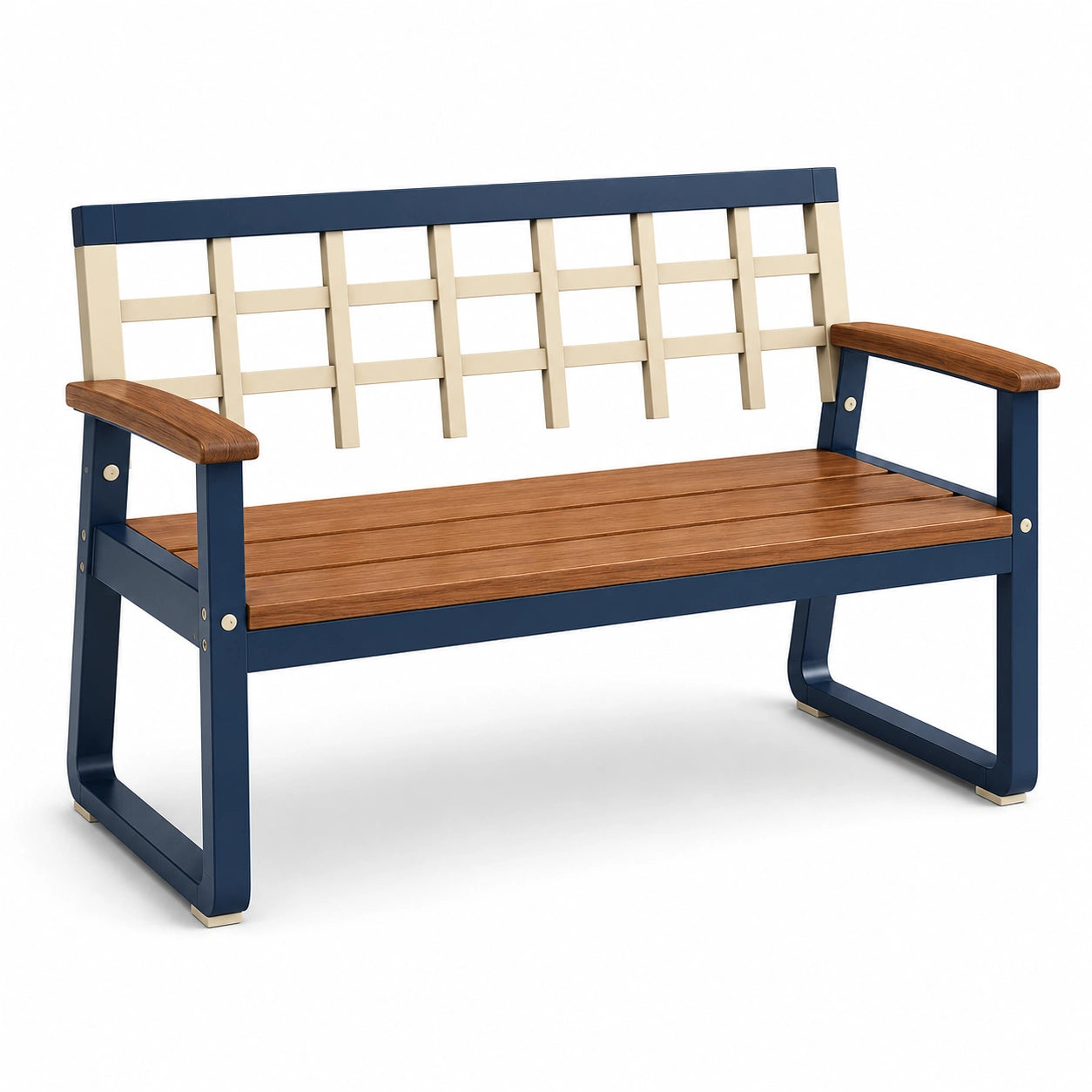 Banco de jardín de madera y metal azul y beige