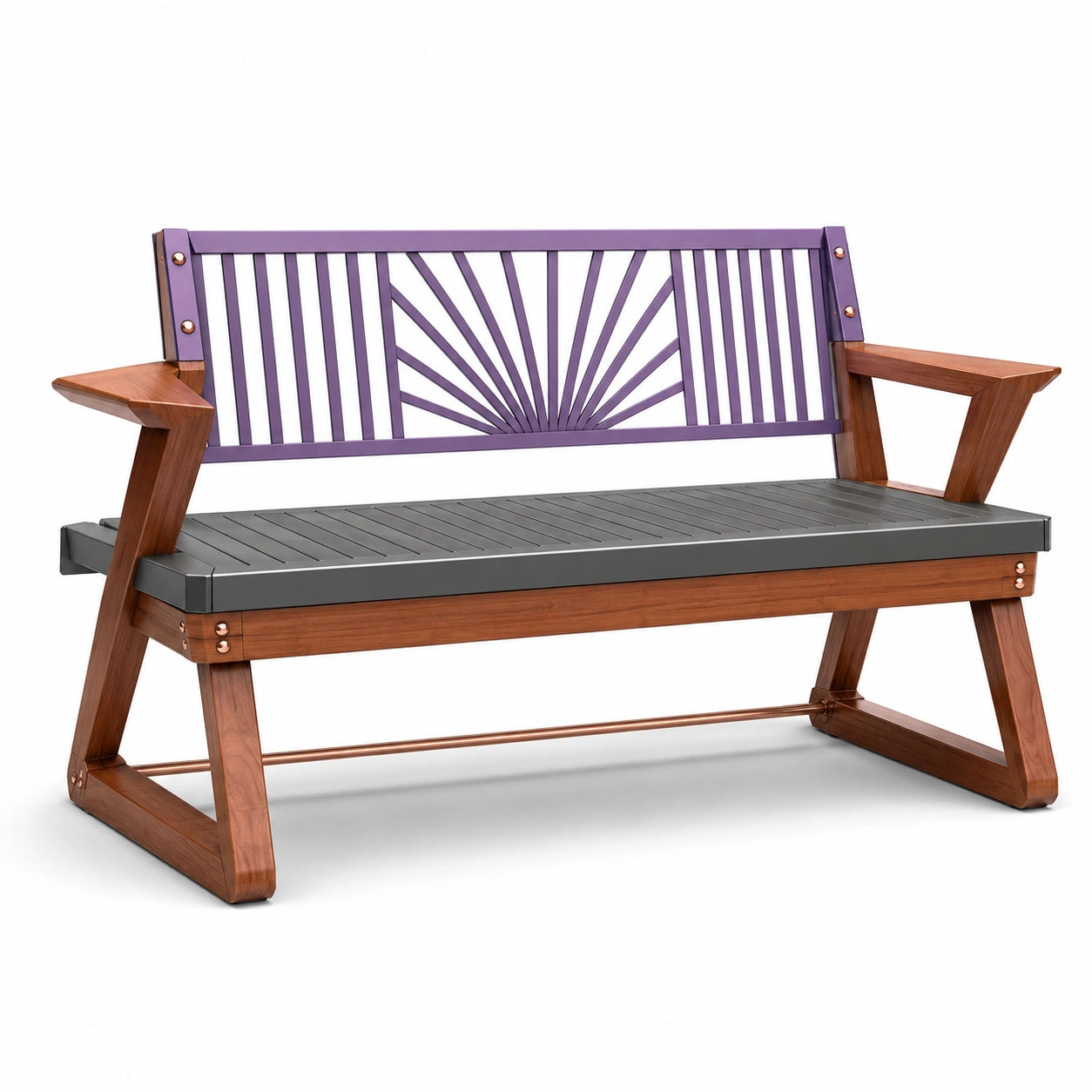 Banco de madera y metal con respaldo de acero en color morado