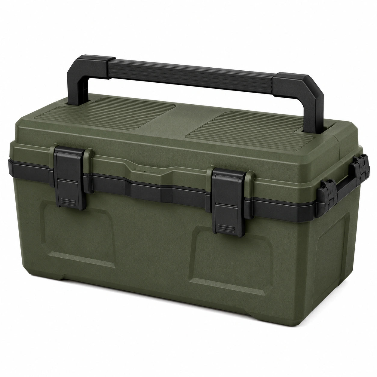 Caja de almacenamiento de plástico verde con asa