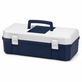 Caja de herramientas de plástico azul y blanco con asa