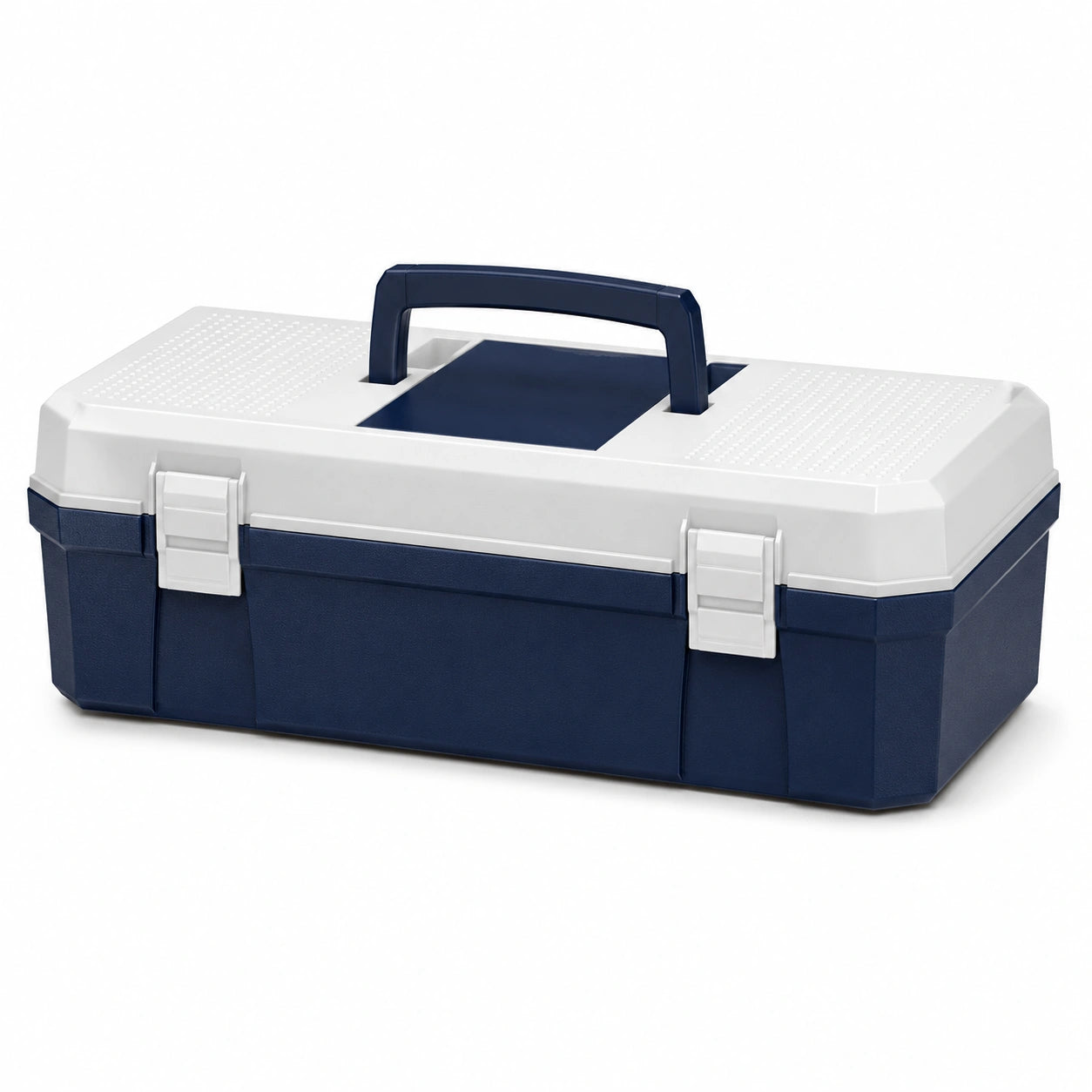 Caja de herramientas de plástico azul y blanco con asa