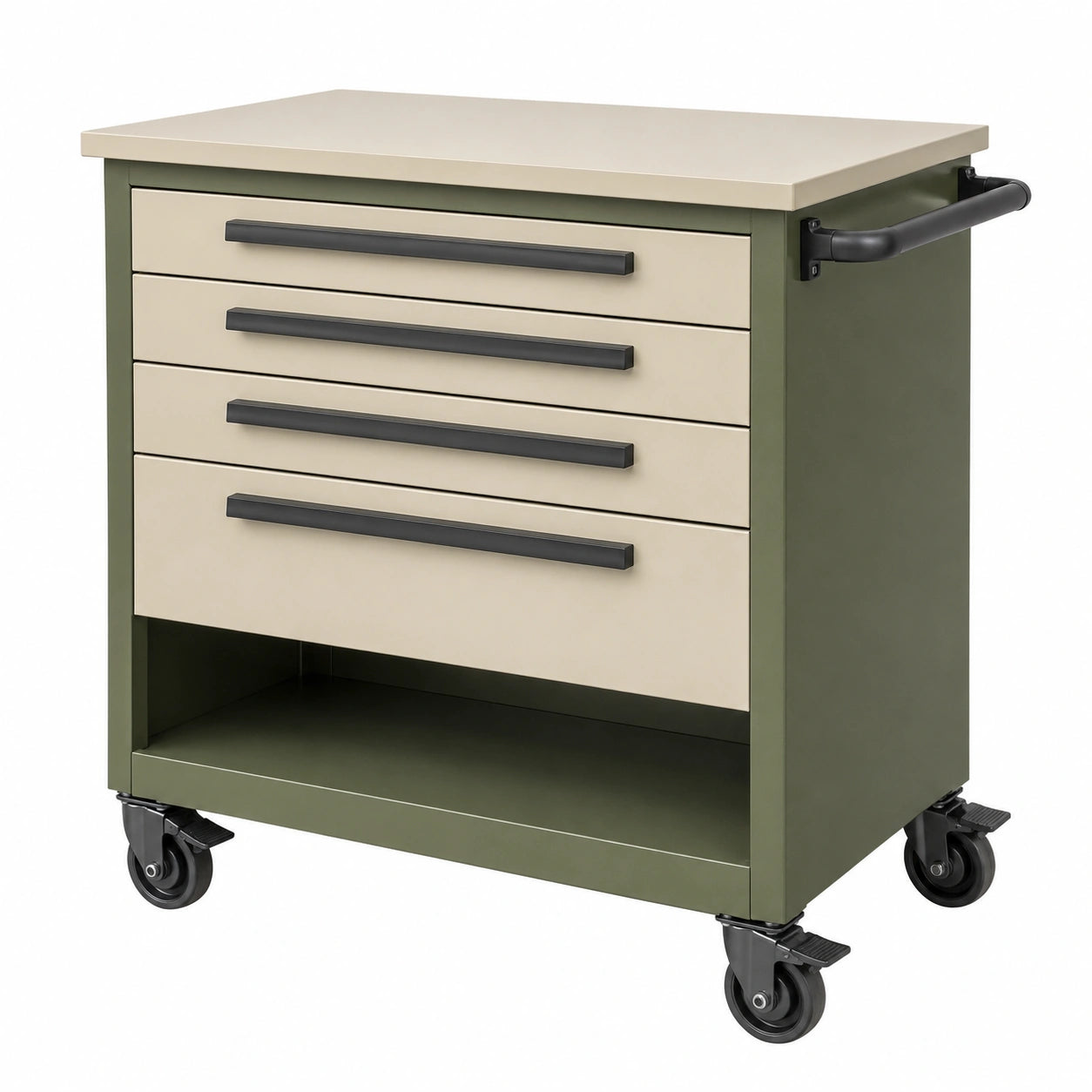 Carrito de taller con cajones de acero beige/verde con ruedas