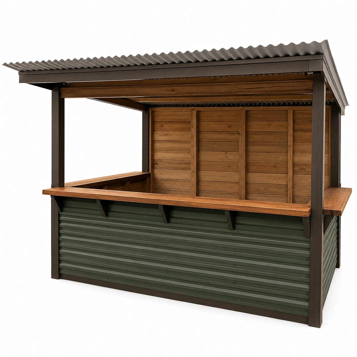Barra Exterior de Metal y Madera con Techo Verde